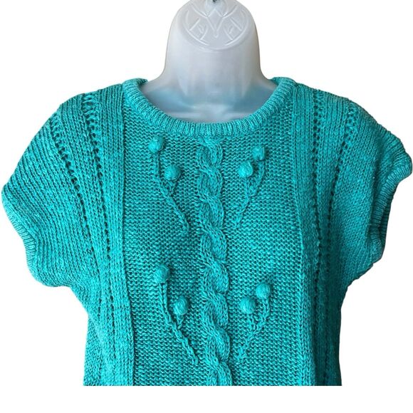 Vtg 80s KORET Turquoise Short Sleeve Pom Pom Cableknit Sweater Sz M Preppy Mom - Picture 9 of 15